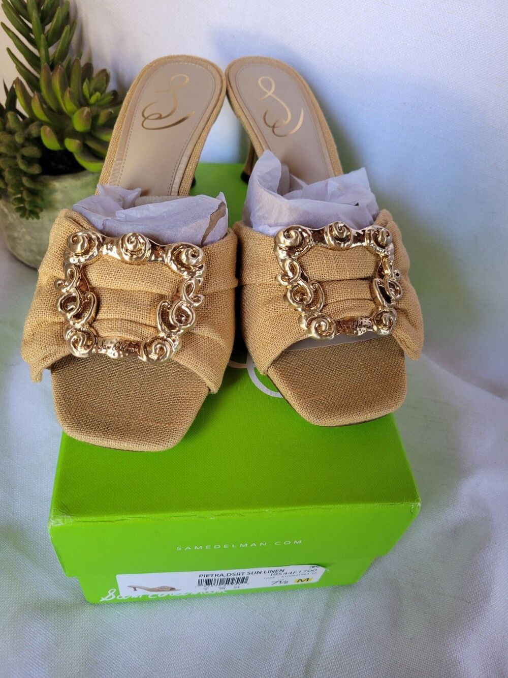 San Edelman Women's Pietra Dsrt Sun Linen Kitten-Heel sandals Size 7.5 Yellow - Picture 8 of 9